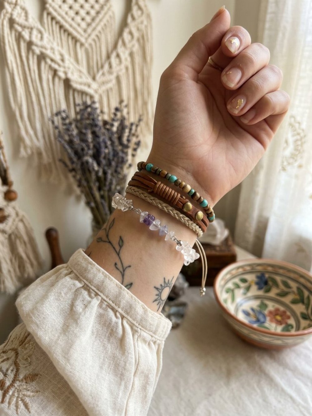 Boho Amethyst & Clear Quartz Crystal Chip Adjustable Bracelet